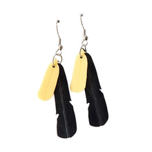 Eco friendly Tīeke / Saddleback bird feather earrings made from recycled ice-cream container lids in Ōtautahi Christchurch by Remix Plastic. Hypoallergenic hooks which are silver in colour the feathers are black with a smaller gold feather on top to represent the Saddleback or Tīeke bird which is native to Aotearoa New Zealand.