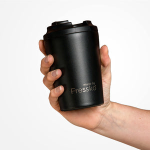 Made by Fressko reusable stainless steel coffee cup fits nicely in your hand.