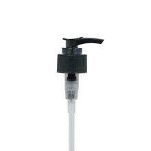 Ribbed pump top dispenser for use with glass bottles. Black top with clear tube for dispensing liquids.