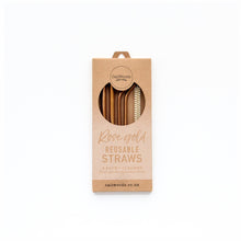 Reusable Rose Gold Stainless Steel Straws, 4 pack containing 2 bent, 2 smoothie and a natural fibre cleaning brush in compostable packaging.