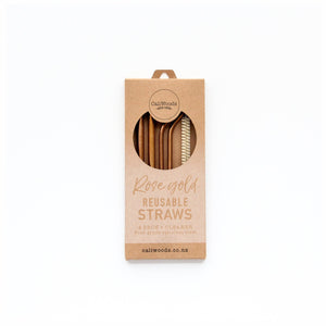 Reusable Rose Gold Stainless Steel Straws, 4 pack containing 2 bent, 2 smoothie and a natural fibre cleaning brush in compostable packaging.