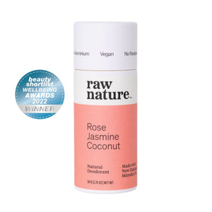 Raw Nature brand natural vegan deodorant in Rose and Jasmine scent. Seen here in a white cardboard tube with a peach label. On the left is an awards logo for the 2022 Wellbeing Awards Winner. Made in New Zealand.