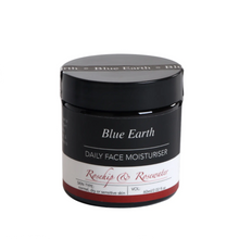 Rosehip and rosewater daily face moisturiser by Blue Earth. Pictured in a 60ml amber glass jar which is recyclable. Label reads: Normal, dry or sensitive skin daily face moisturiser.