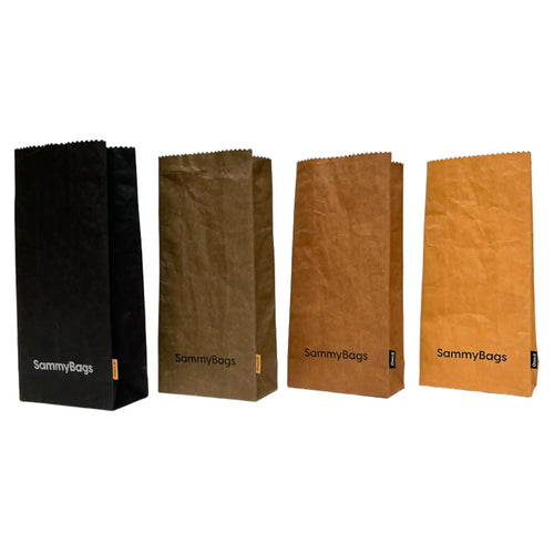 SammyBags Machine Washable Paper Bread Bags collection, four colours available: black, olive green, chocolate brown and natural.