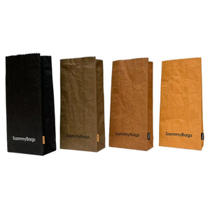 SammyBags Machine Washable Paper Bread Bags collection, four colours available: black, olive green, chocolate brown and natural.