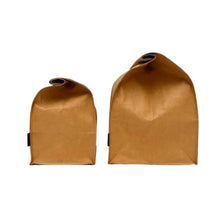 SammyBags machine washable paper lunch bag, regular and large size, in natural colour with a side by side, side-on view.