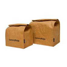 SammyBags machine washable paper lunch bag, regular and large size, in natural colour with a side by side, front-on view.
