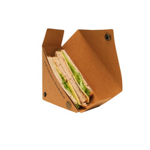 SammyBags sandwich wrap in natural. Triangular in shape and containing a marmite, lettuce and cheese sandwich. Text reads Made in Aotearoa New Zealand.