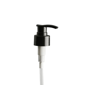 Smooth pump top dispenser for use with glass bottles. Black top with white tube for dispensing liquids.