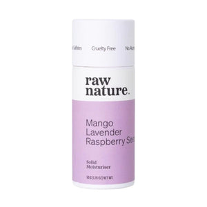 Raw nature solid moisturising bar in a handy roll-on tube. The white compostable tube has a lilac and white label which reads: Mango, Lavender and Raspberry Seed scent.
