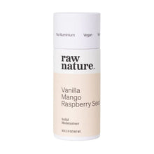 Raw nature solid moisturising bar in a handy roll-on tube. The white compostable tube has a lilac and white label which reads: Vanilla, Mango and Raspberry Seed scent and vegan.