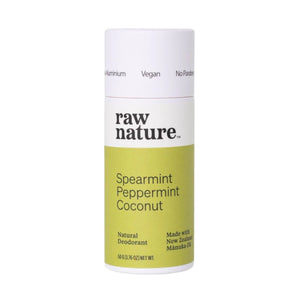 Raw Nature brand natural vegan deodorant in Spearmint and Peppermint scent. Seen here in a white cardboard tube with a light green label. Made in New Zealand.
