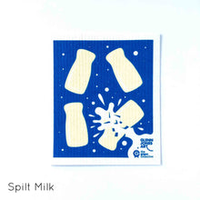 Compostable dish cloth with Glenn Jones Art spilt milk bottle design.