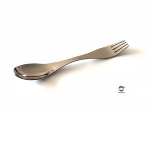 Photograph of a stainless steel spork untensil, fork on one end and spoon on the other.