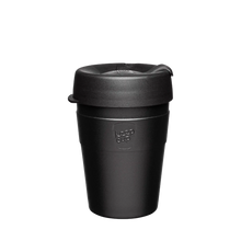 12oz medium Black KeepCup Thermal coffee cup, a stainless steel travel cup in black that will keep your drink hot (or cold) for longer. Black coloured stainless steel with KeepCup logo embossed on the front and matching black plastic lid.