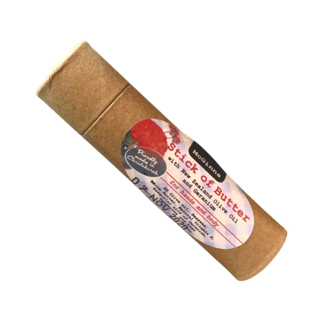 Moisturising stick of body butter by McGinns Madefresh, compostable cardboard tube with label that reads For Hands and Body, Proudly made in Christchurch.