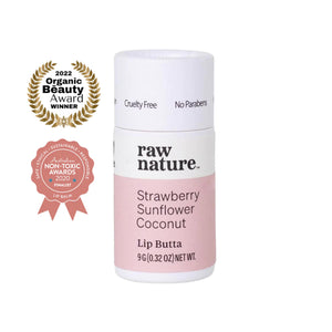 Eco friendly Strawberry lip balm from Raw Nature. Seen here in a compostable white cardboard tube on a white background. Soft pink coloured label. On the left are two awards for 2022 Organic Beauty Award Winner and 2020 Australian Non-toxic awards finalist.