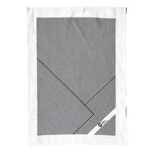 Natural cotton and linen blend tea towel in black and white striped design.