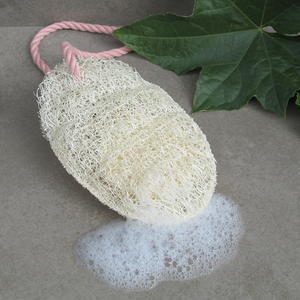 Sudzy soap saver loofah with a green leaf.