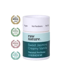 Sweet Jasmine and Creamy Vanilla natural perfume by Raw Nature, packaging consists of white compostable cardboard tube and a light and dark teal coloured label which reads "Vegan, No Parabens, No SLS". Next to the packaging there are 4 awards logos for Organic Beauty, Eco Choice, Editors Choice and Vegan Choice 2021.