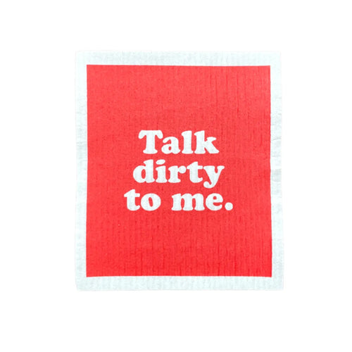 The Green Collective spruce compostable dish cloth in Talk dirty to me design with bright red background.