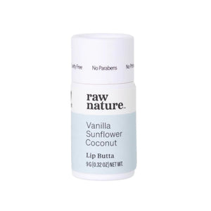 Eco friendly Vanilla lip balm from Raw Nature. Seen here in a compostable white cardboard tube on a white background. Light blue coloured label. 
