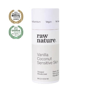 Raw Nature brand natural vegan deodorant in a Vanilla scent. Seen here in a white cardboard tube with an off white label. On the left are 2 awards logos for the 2021 Organic Beauty Award Winner and the 2021 Eco Choice Best Clean Brand. Made in New Zealand.