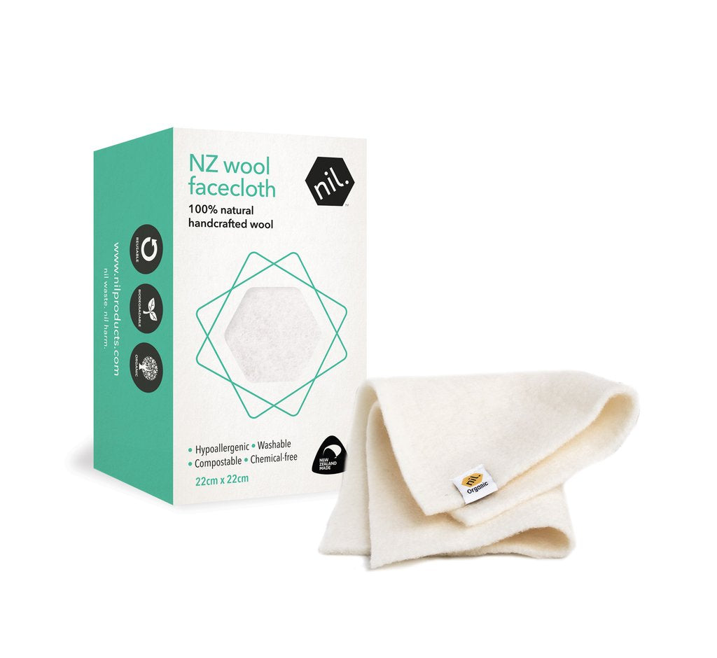 Facecloth made with New Zealand Wool and packaging. Made by nil in Aotearoa New Zealand.