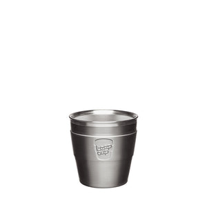 6oz KeepCup Thermal, a stainless steel cup that will keep your drink hot (or cold) for longer. Grey stainless steel with KeepCup logo embossed on the front. Pictured without lid..