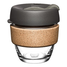 Small reusable glass KeepCup coffee cup with sustainably sourced cork band in the Nitro colour scheme which includes a soft charcoal lid and a smoke coloured plug.