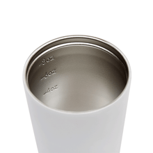 Internal view of snow (white) Made by Fressko stainless steel coffee cup with measurements at 4, 6 and 8 ounces.